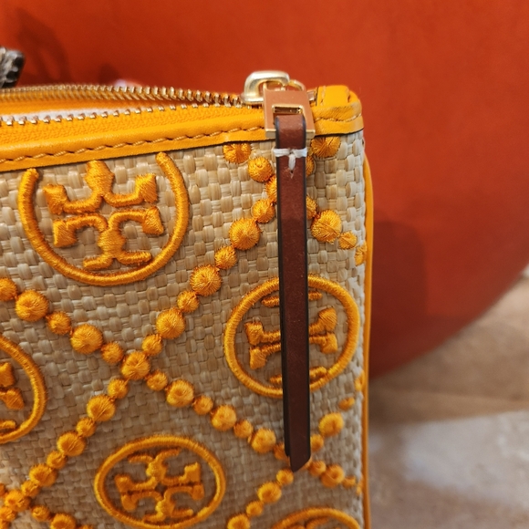 NWOT Tory Burch Orange Citrine T Monogram Embroidered Straw Clutch Purse - Picture 3 of 10